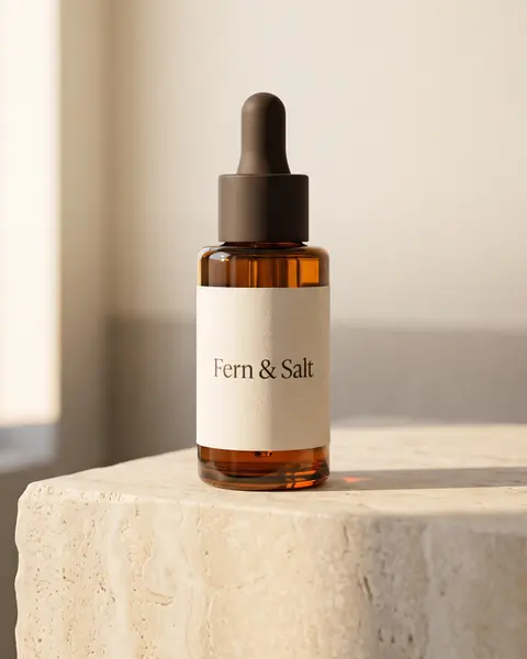 Amber dropper bottle labelled Fern & Salt on a travertine plinth in window light