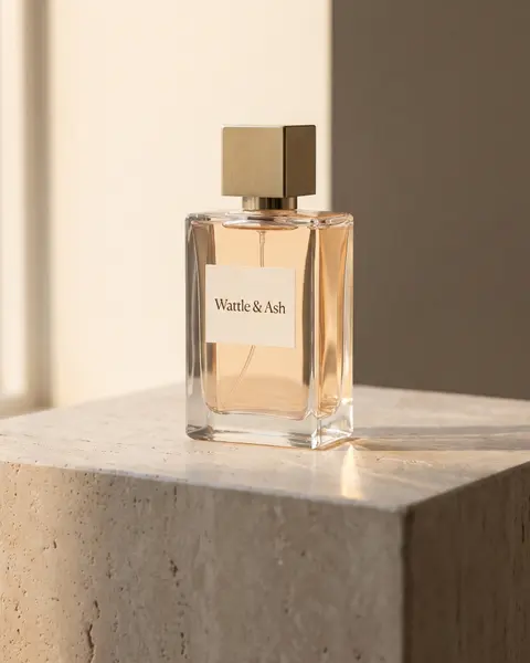 Clear perfume bottle labelled Wattle & Ash with a gold cap on a travertine plinth